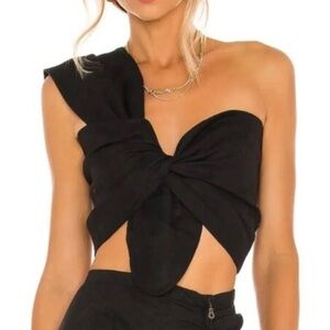 Just Bee Queen Sz. Small Asymmetrical One Shoulder Black Linen Knot Sol Crop Top
